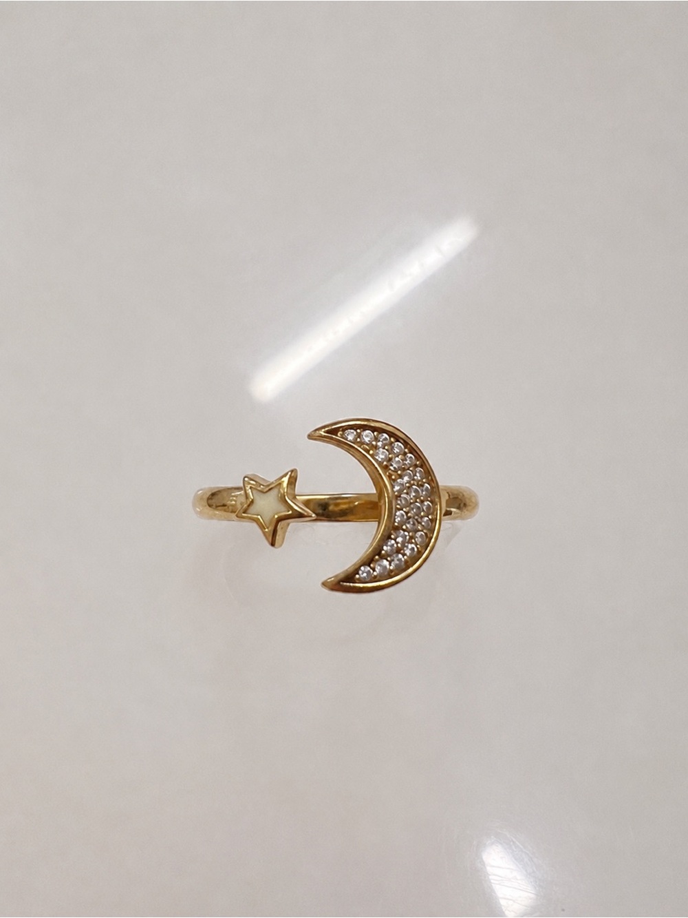 Gold Crescent Moon and Star Open Ring - 925 Gold Tone